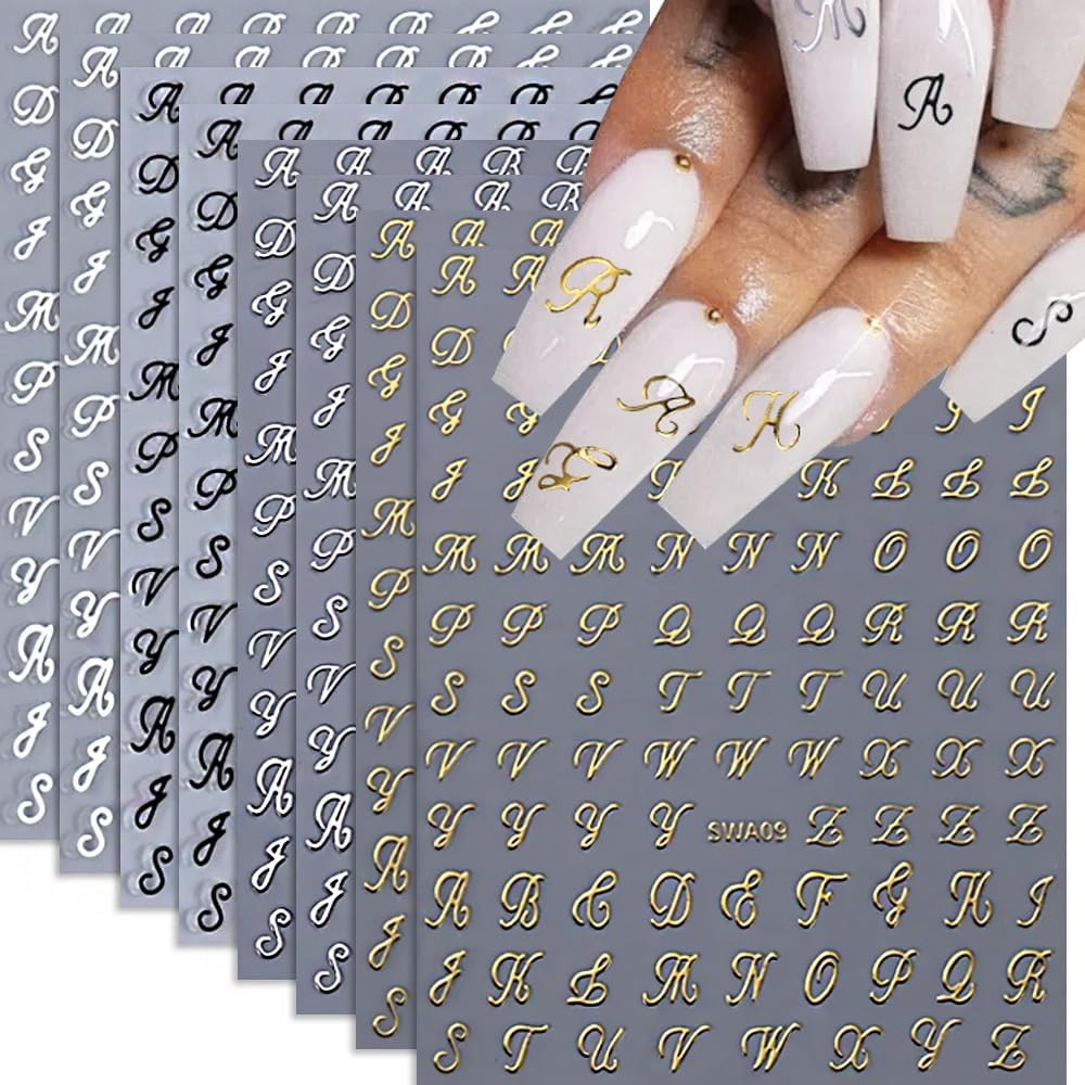 Letter Nail Stickers, 8 Sheets Old English Gold, Silver, Black and White
