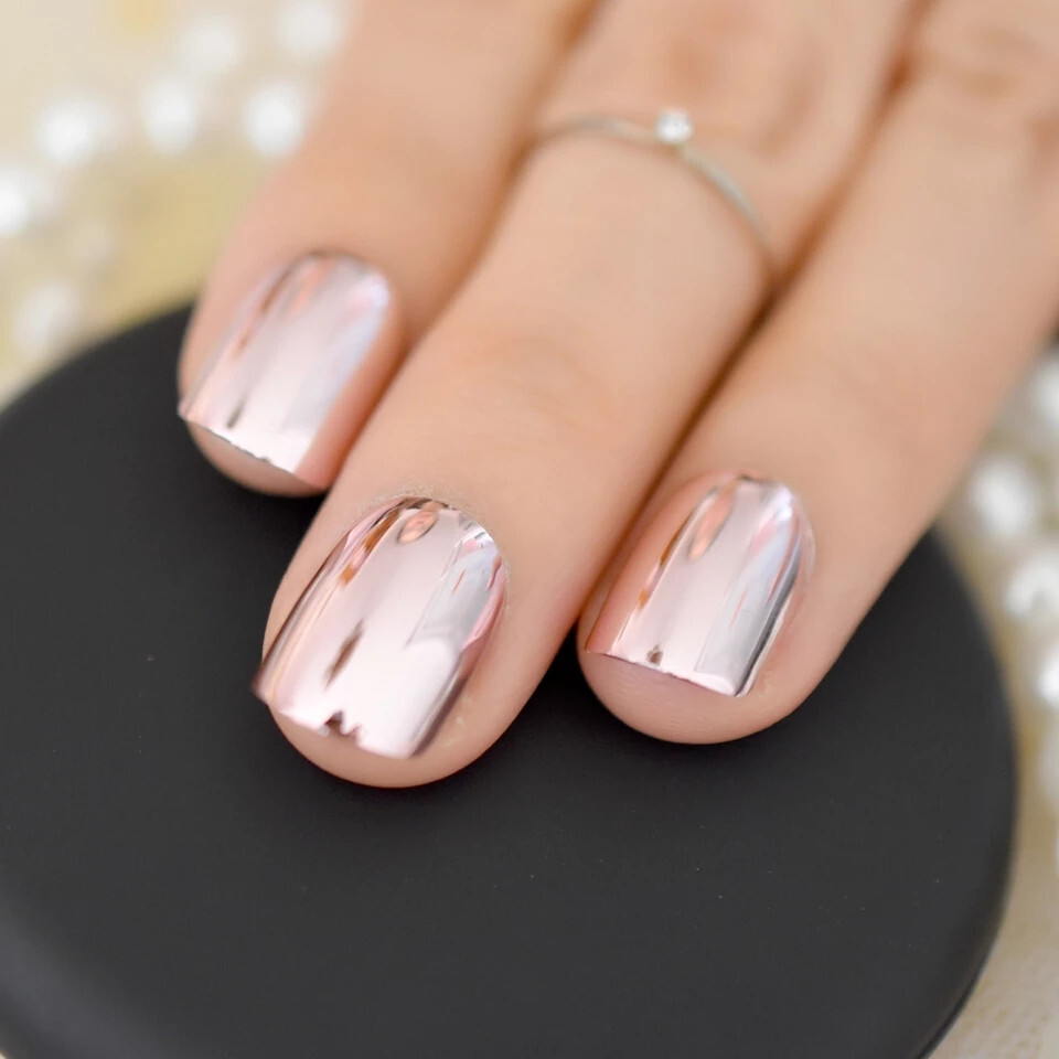 24 Short Press on nails kit w/ glue pink chrome mirror