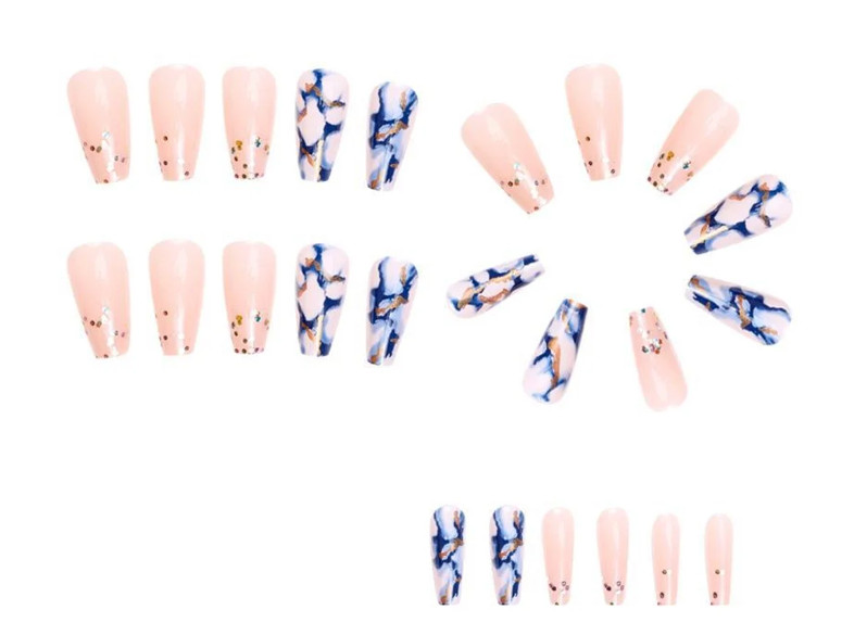 24 Pcs Press-On Nails – Long Coffin Glossy- Blue, White, Nude, Gold w/Glitter