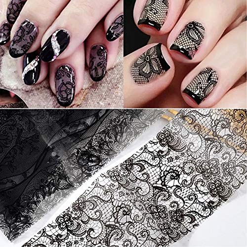 10 Rolls Retro Holographic Nail Foil Transfer Stickers Black Lace Laser Foils