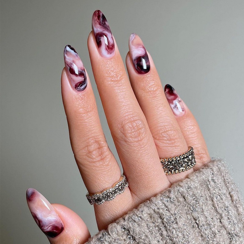 48P-Press on Nails Burgundy Marble Glossy Almond Nail Art Set Reusable Handmade