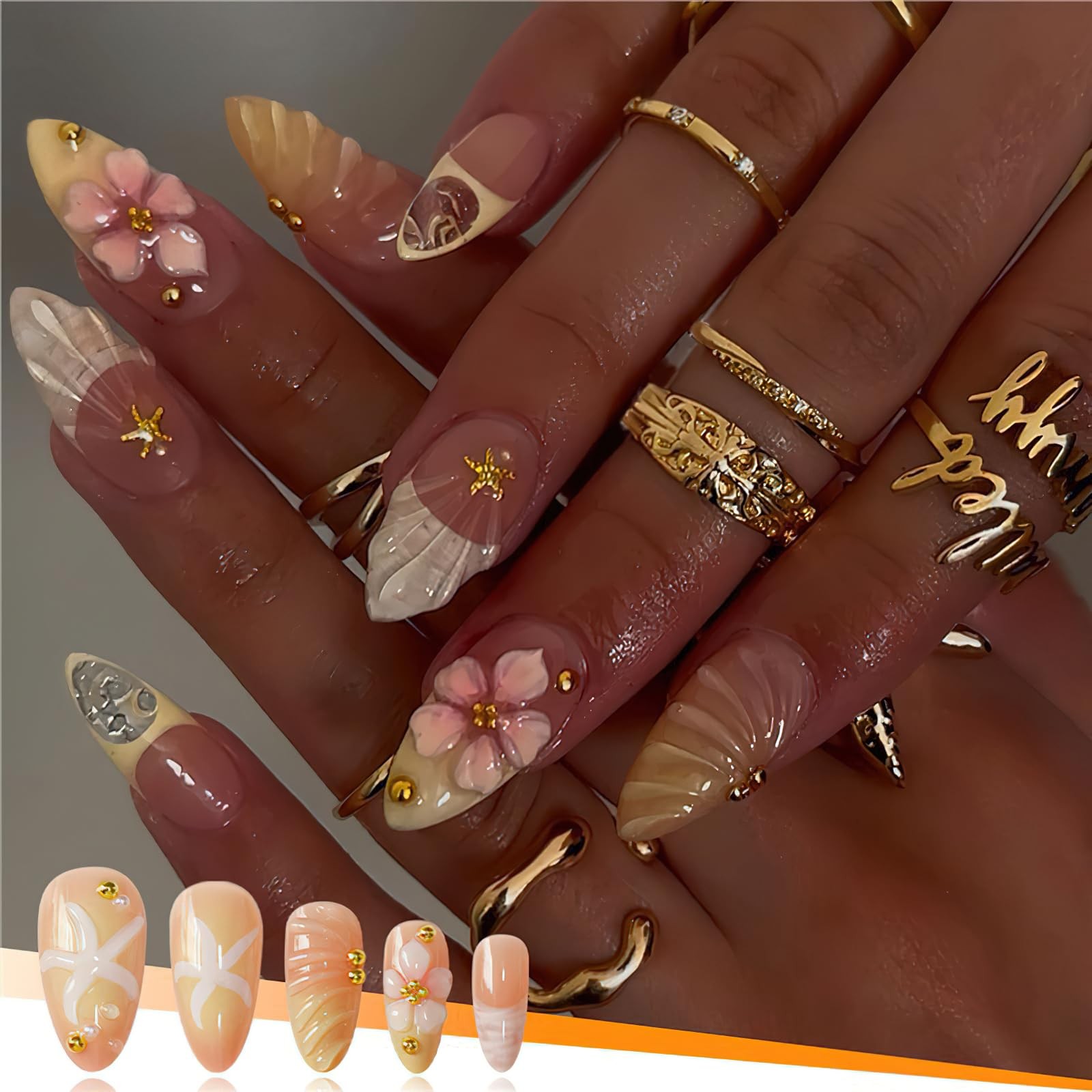 Jremg Flower Press on Nails Medium Almond Fake almond, Multicolor