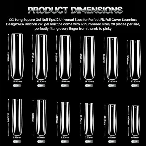 Long Square Nail Tips,240Pcs Clear Full Cover Soft Gel Nail 12 Sizes 02Clear
