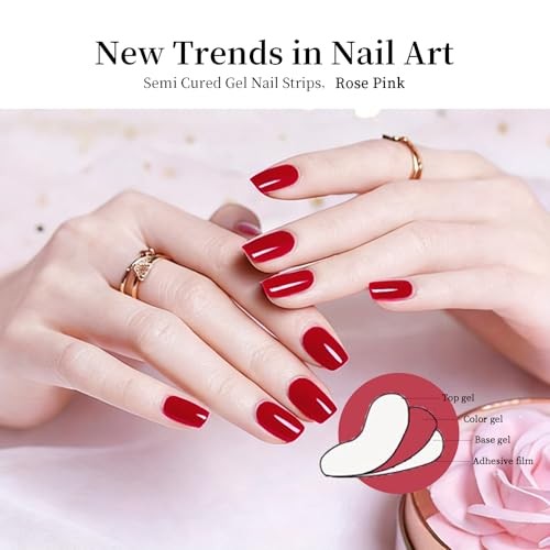 Semi Cured Gel Nail Strips (), 20 Gel Nail Stickers Work with Any Rose Pink