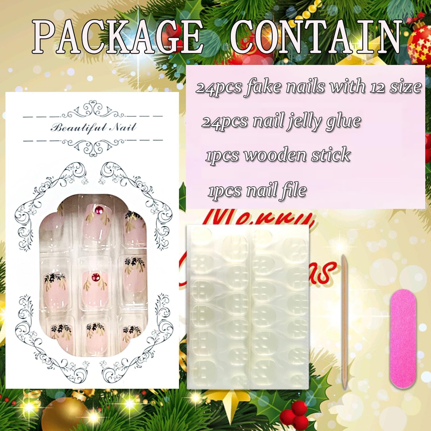 Press on Nails Christmas Acrylic Glossy Full Cover Winter Square False Nails …