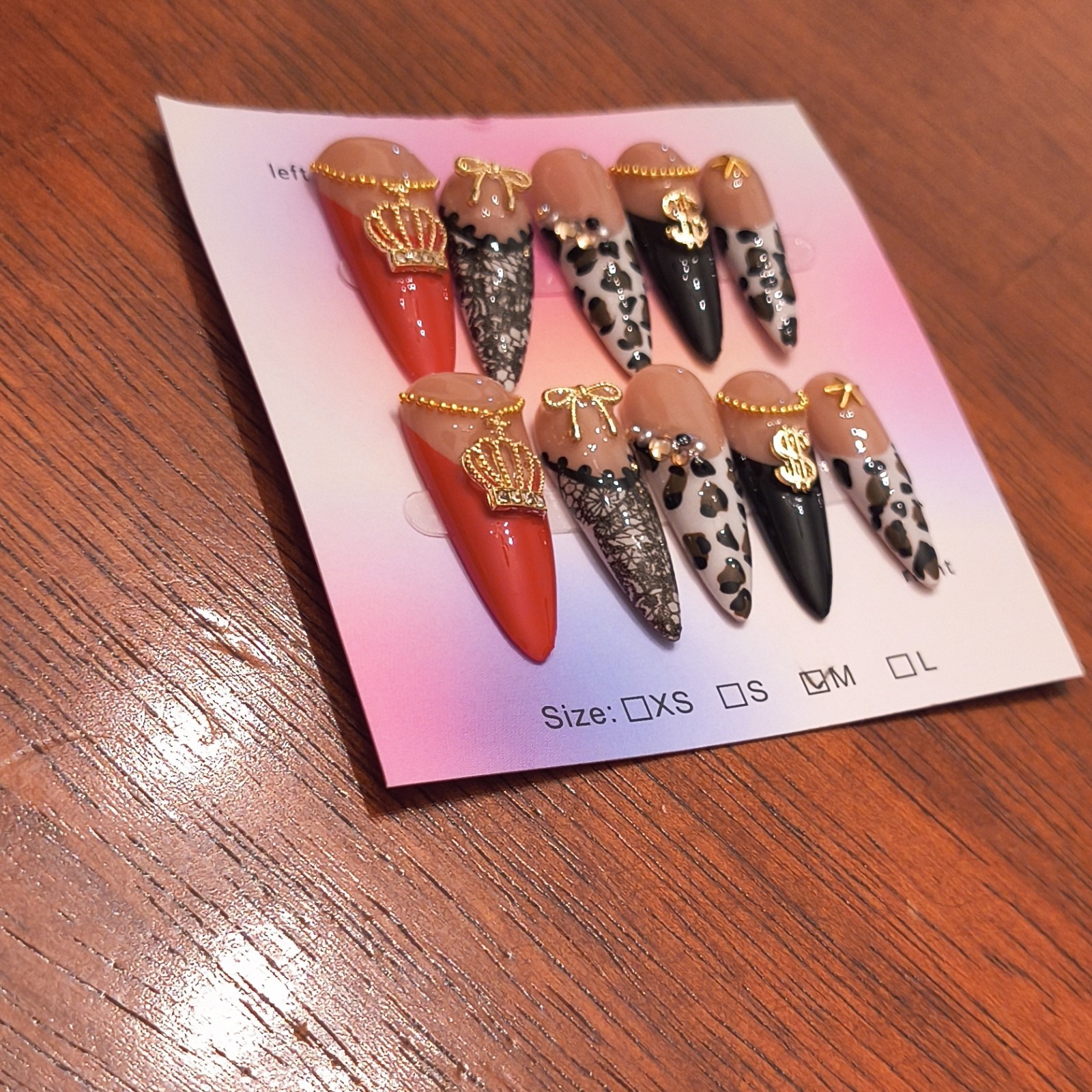 Press-On Nails Medium Stiletto Red Black Gold 3D Leopard Full Cover