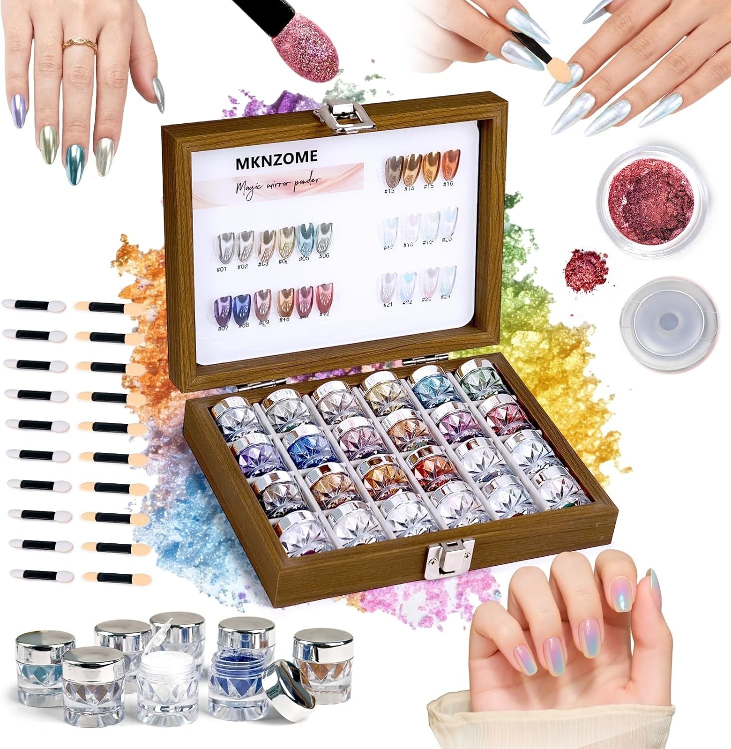 Home Nail Art Decoration Set – 24 Iridescent Chrome Powders