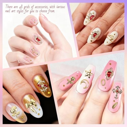Gold Nail Charms and Nail Gems with 4 Boxes of Rhinestones 3D Metal for Nail