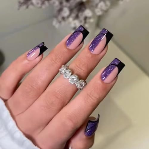 French Tip Press on Nails Purple Black Square Short Medium Glue on Nails with