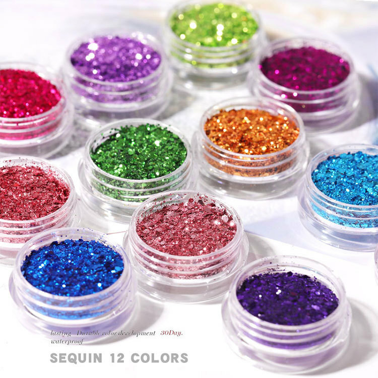12 Colors Nail Art Sequins Set Glitter Sheets Tips Mixed Powder Dust Salon Decor