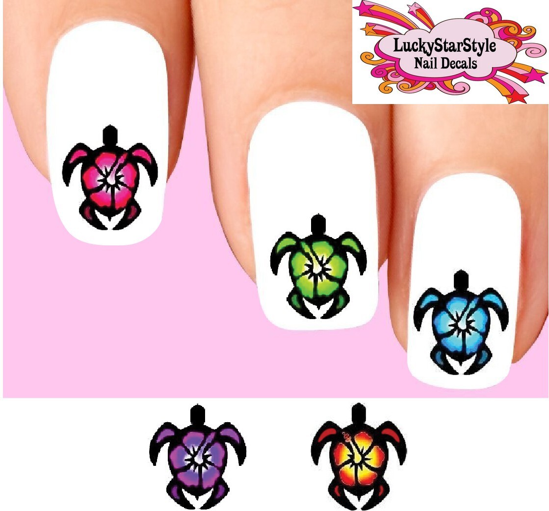 Waterslide Nail Decals Set of 20 – Colorful Turtle with Hibiscus Assorted