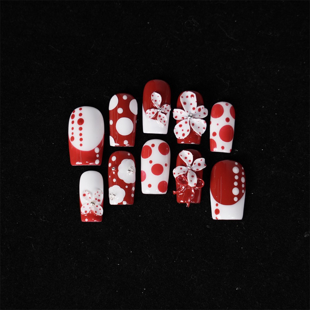 Handmade Red White Polka Dot Press on Nails Bow Floral Lovely Fake Nails