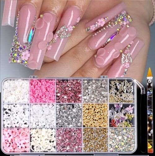 10000 Nail Spells and Gem Set, Pink Cute Bow, 3D Flowers, 15 grid pearl flowers