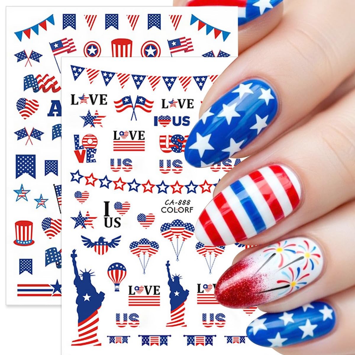 6 Sheets 4th of July Nail Stickers 3D -Adhesive Bow Star Fireworks Nail Decal…