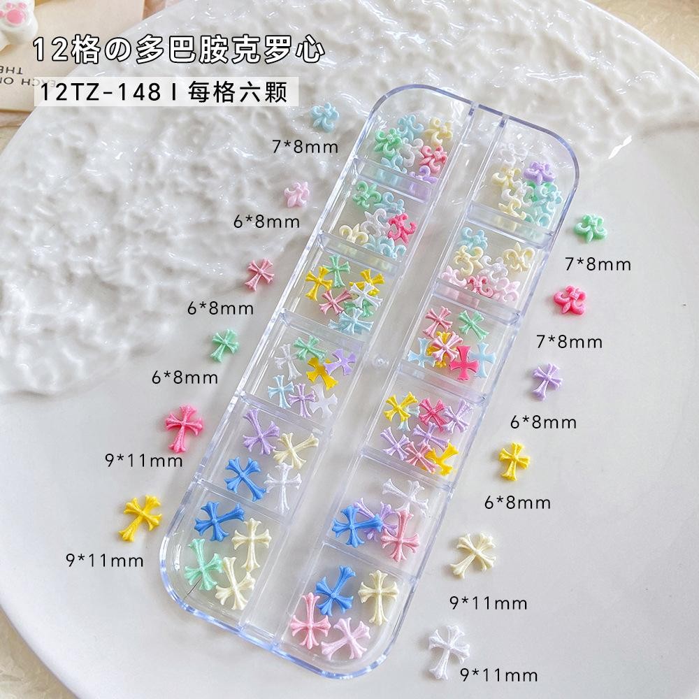 12-Grid Mixed Color Resin Cross Nail Art Sweet Dopamine Style for Press On Nails
