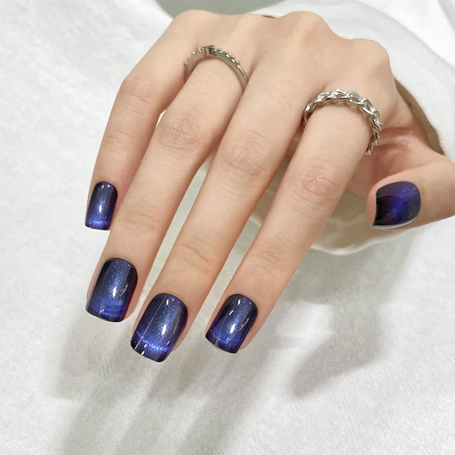 Dark Blue Track Cat Eyes Press On Nails,12 Sizes – 24 Pcs Soft Gel Short Blue Bl