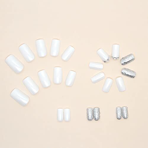 Square White Press on Nails Medium Fake Nails with Silvery Glitter Style8