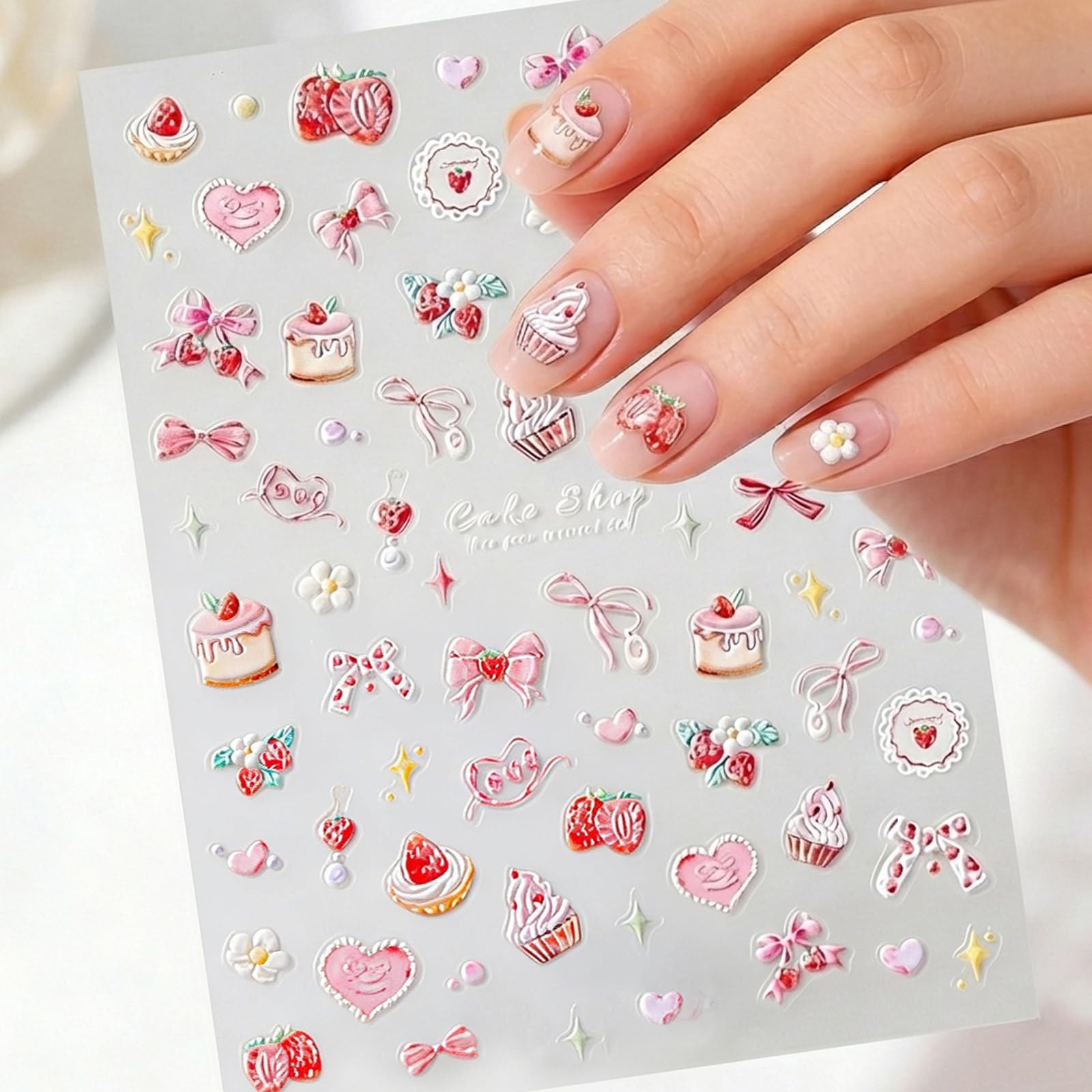 5D Embossed Pink Nail Stickers for Nail Art Cake Strawberry Bow Nail Decals A…