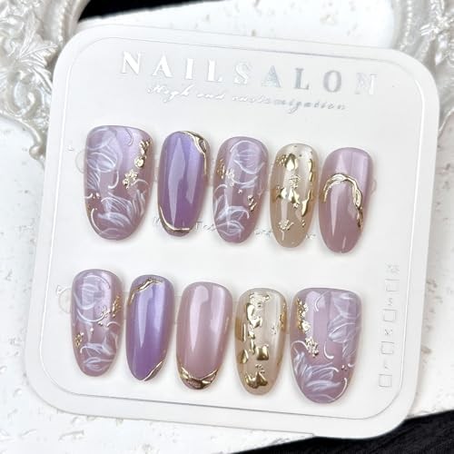 30Pcs Purple Glitter Press on Nails Medium Almond Fake Purple Glitter Flower-11