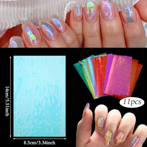 11 Sheets Aurora Nail Foil Laser Stickers Foil Laser Nails Art Stickers Glass