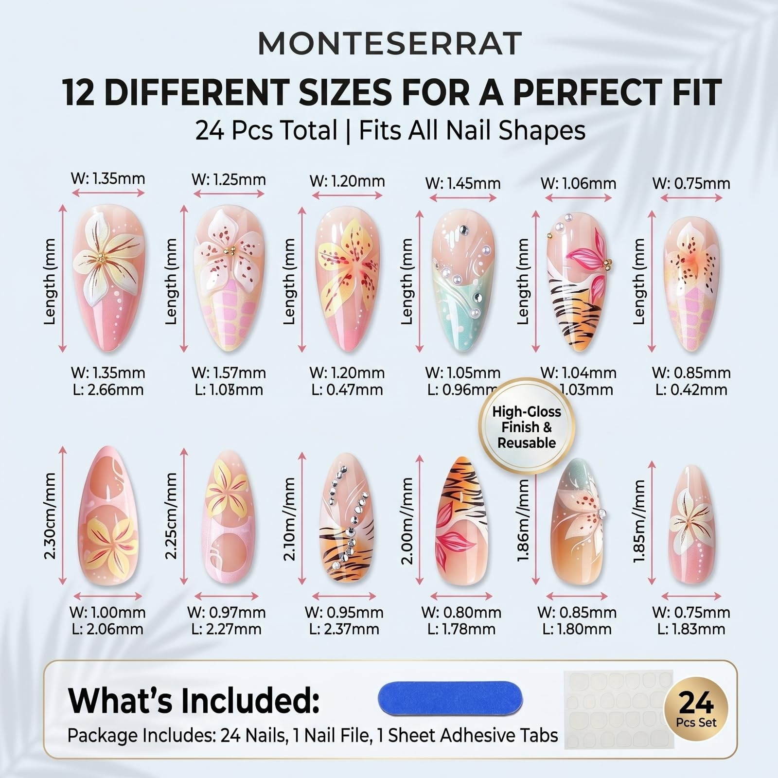 24Pcs Long Press on Nails Almond – Elegant French Tip Fake Nails with Hawaii …