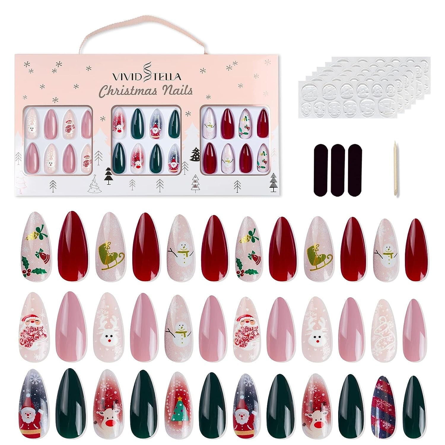 Vivid Tella 72Pcs Christmas Nails Snowflake Almond Press on Santa Claus Elks Glo