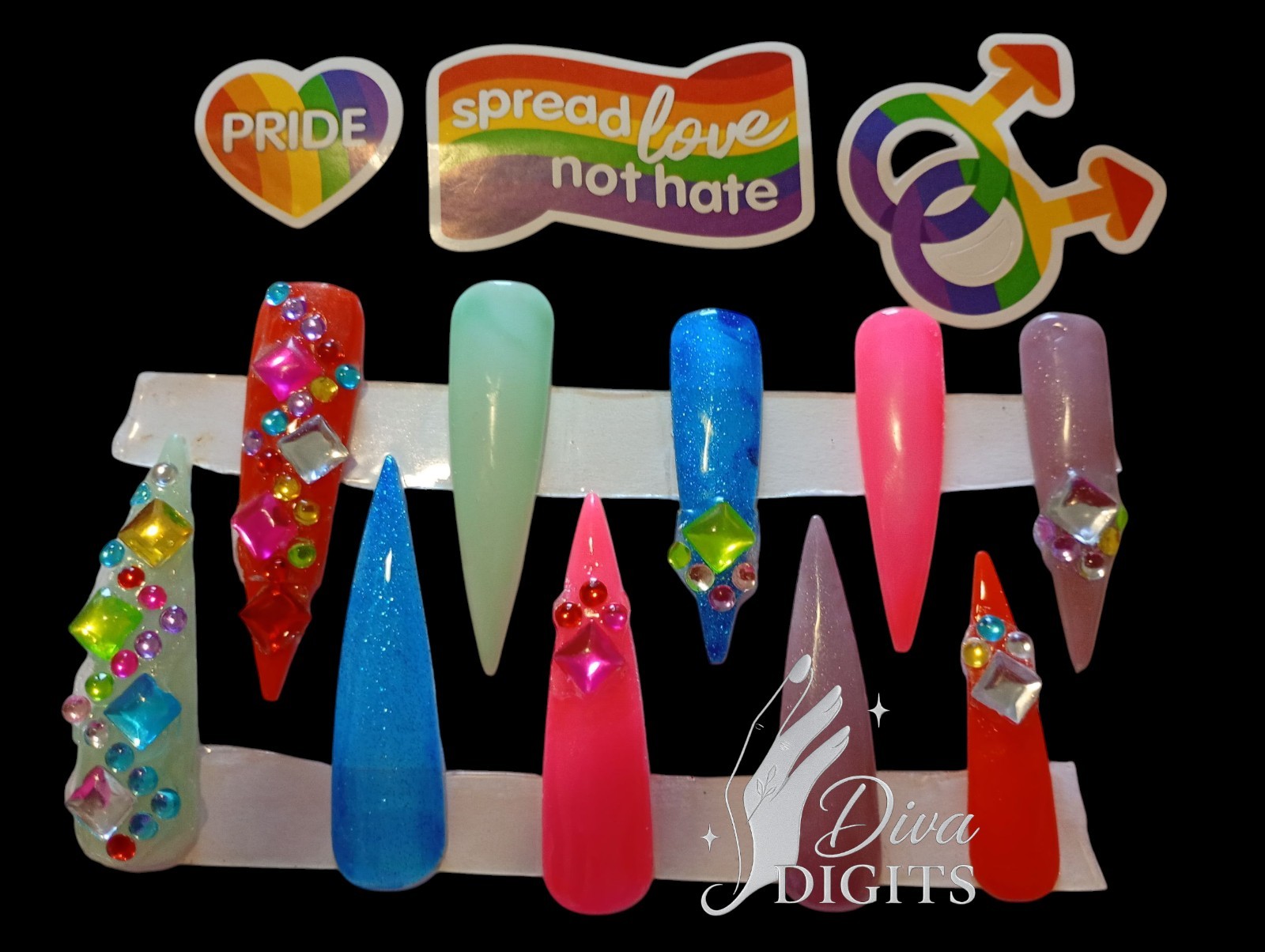 Pride Gel stilleto long 4.5cm Hand painted and Embellishments Sizes S,M,L