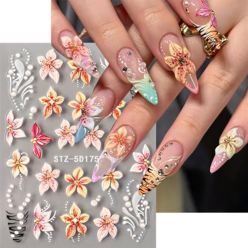 Flower Nail Stickers 3D Self-Adhesive Embossed Pink Floral Nail Colorful Flower