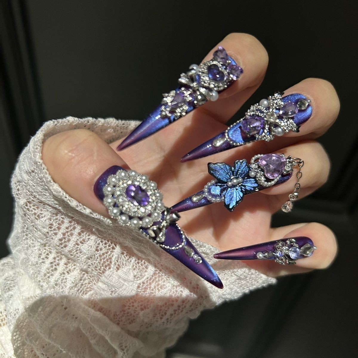 Purple Green Gradient Cat Eye Press On Nails Handmade
