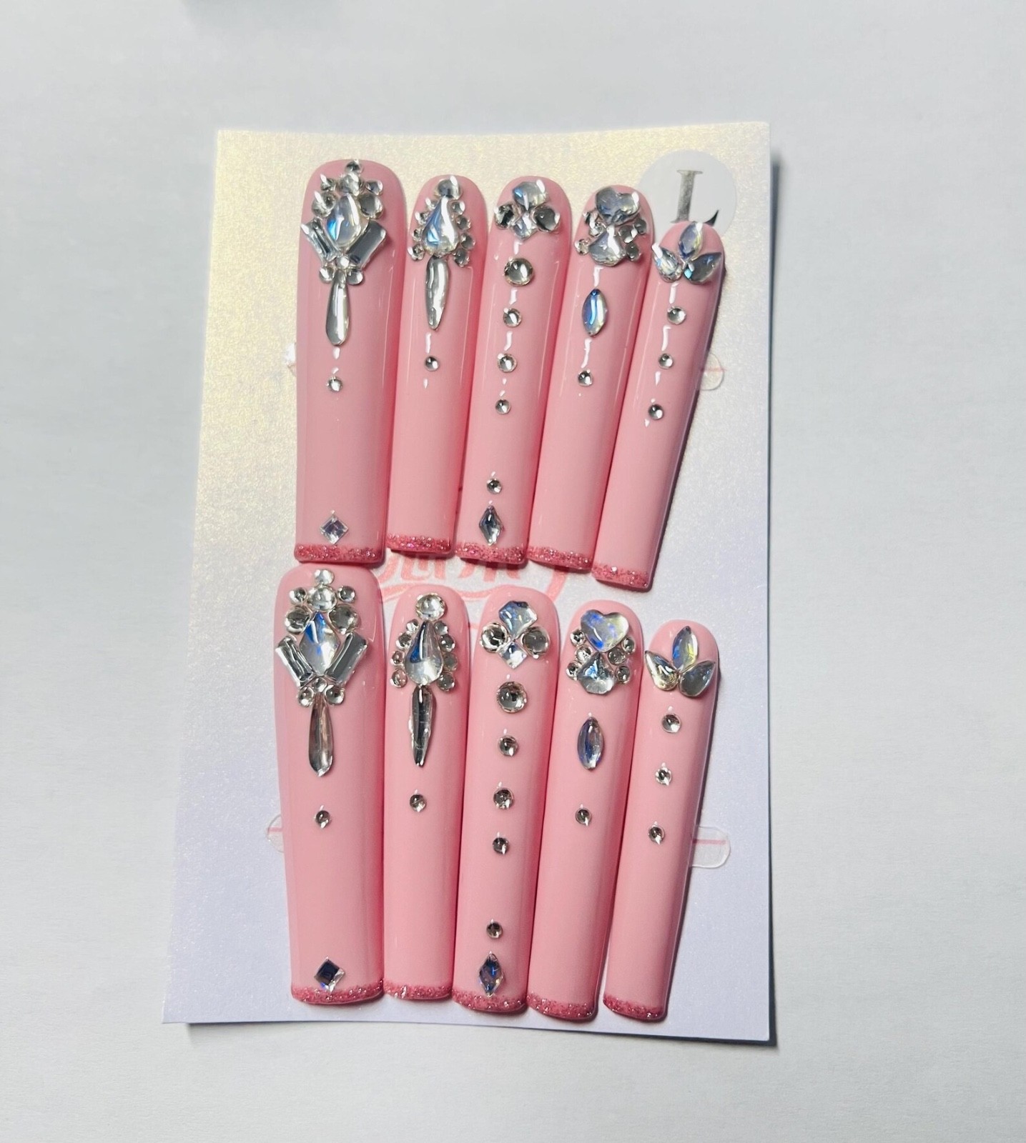 Sweet Pink Extra Long Square Handmade Press-On Nails Diamonds Manicure 10PCS