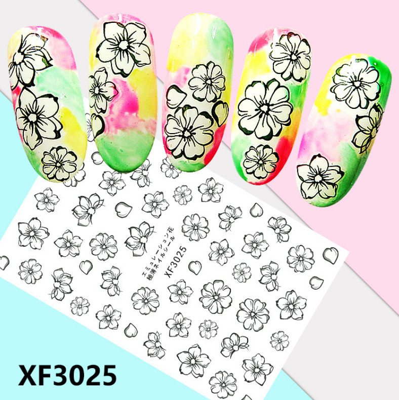 Nail Art Stickers Transfers 3D Self Adhesive Black & White Flowers (XF3025) NS36