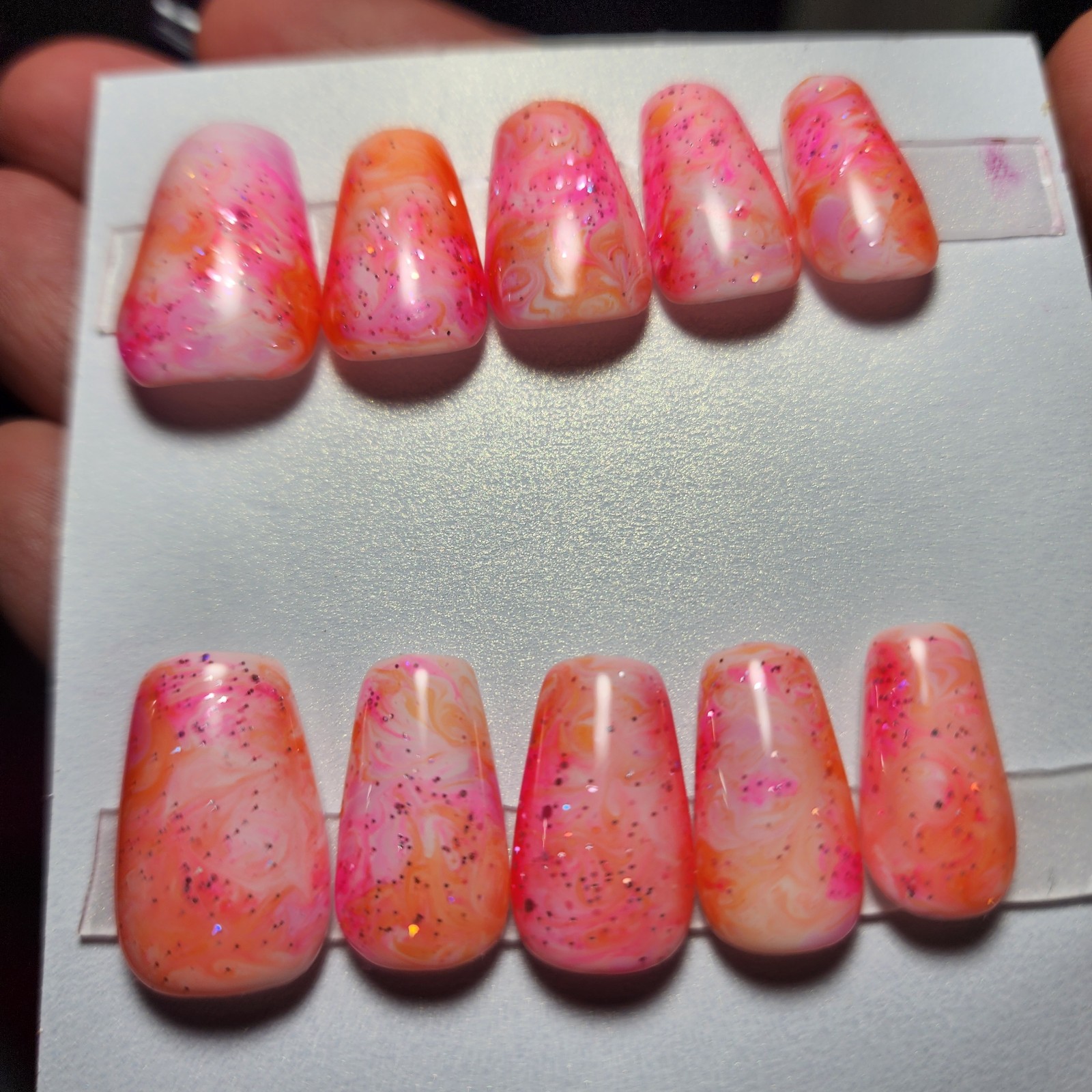 Summer Pink And Orange Glitter Swirl Medium Size Short Coffin Press On Nails