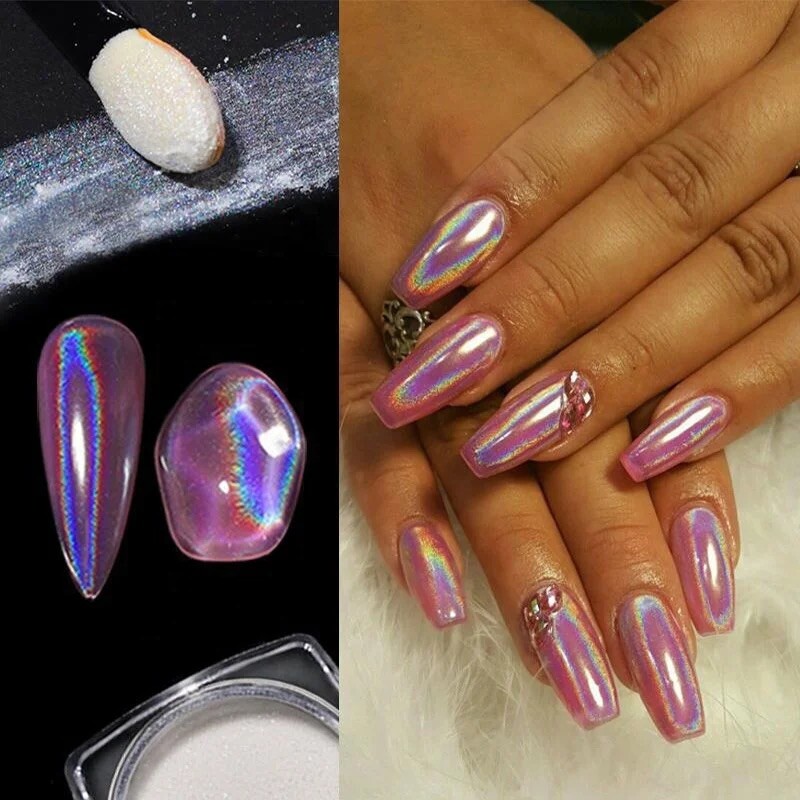 3 Types Unicorn Nail Chrome Powder Pink Rainbow White Transparent Effect Nails
