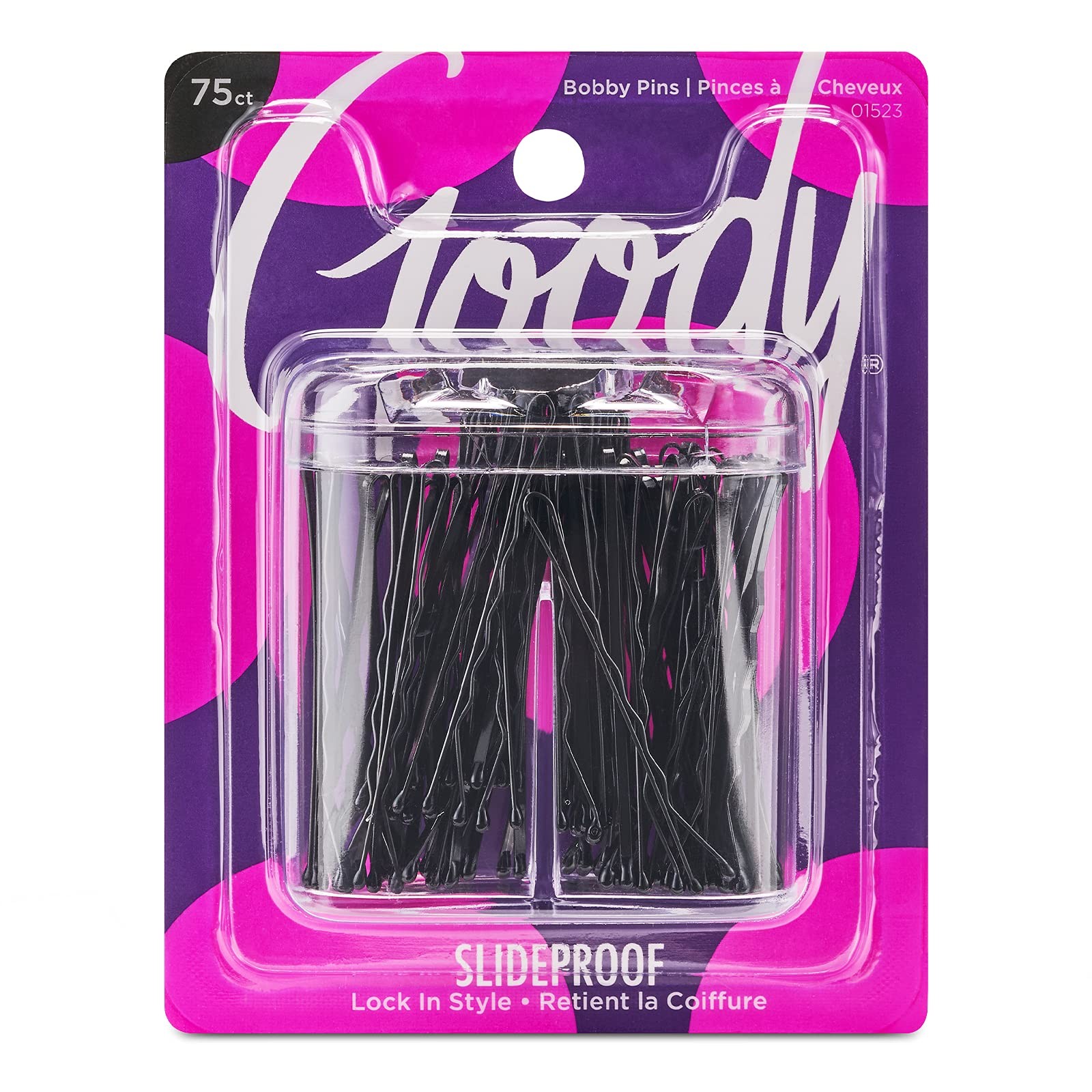 Goody SlideProof Bobby Pin Box with Magnetic Top 75 Count (Pack of 1), Black