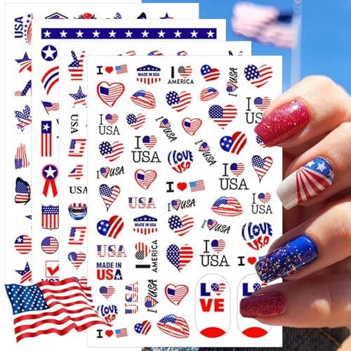 8 Sheets 4th of July Nail Stickers, Independence Day Patriotic Nail Decals, 3D