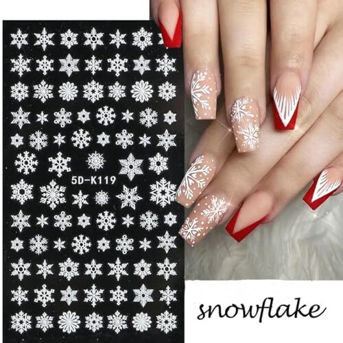 5D Embossed White Snowflake Nail Art Stickers,6 Sheets Engraved Snowflakes