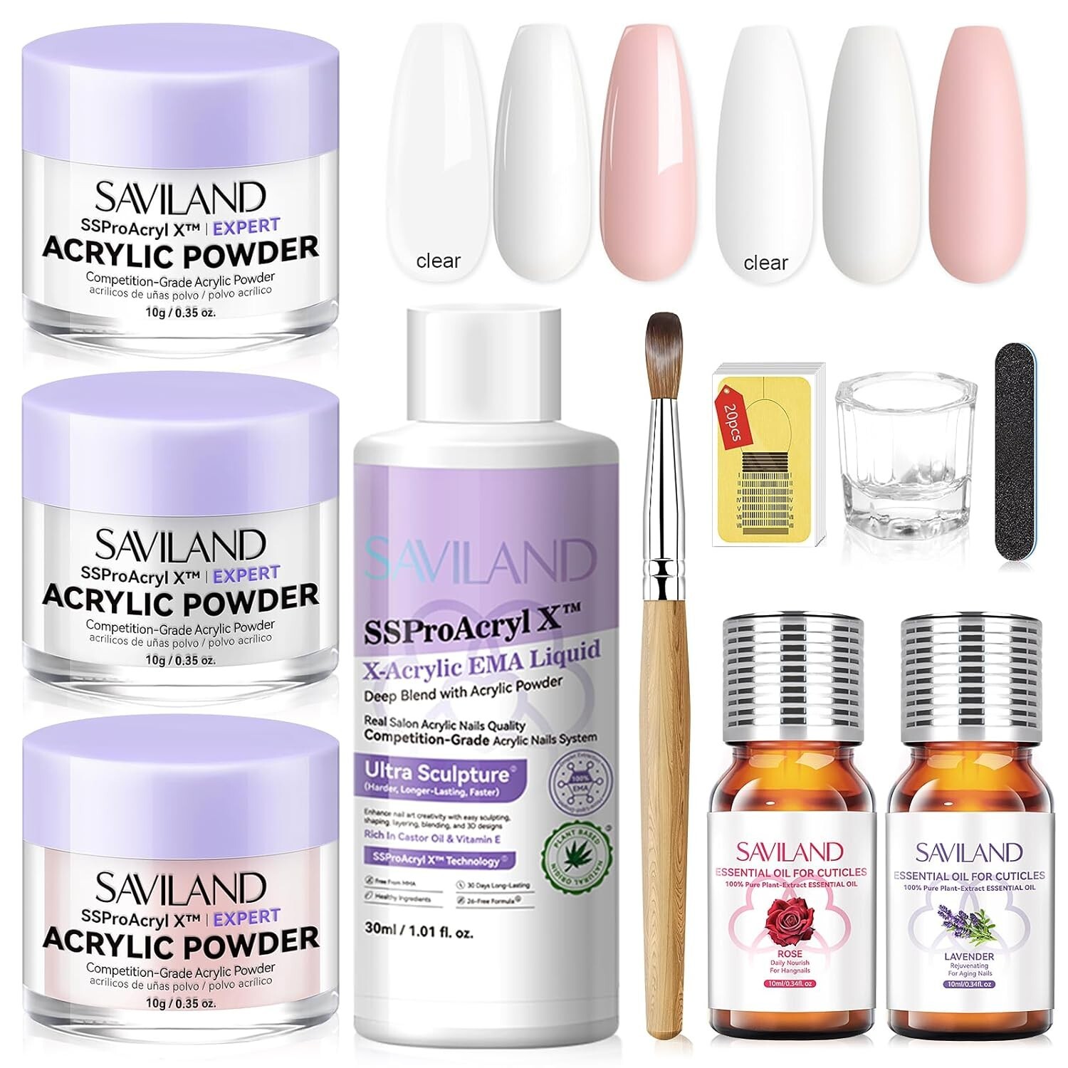 Acrylic Nail Kit: Clear Pink White Acrylic Powder and Professional Liquid Set fo