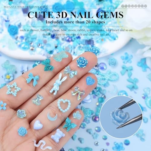100 Pieces 3D Resin Butterfly Bear Nail Charms Rose Flower Peach Skirt Bow Blue