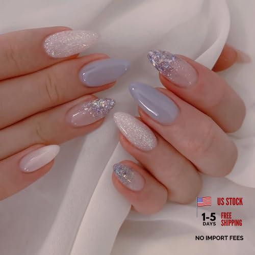 Light Blue Press on Nails Short with Glitters Design Almond Glitter Blue Nails5