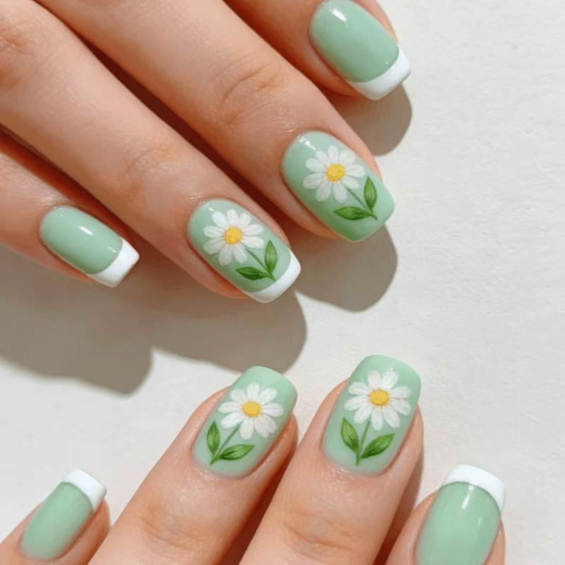 48p Short Square Press on Nails, Mint Green French Hand Paint Daisy Summer Nails