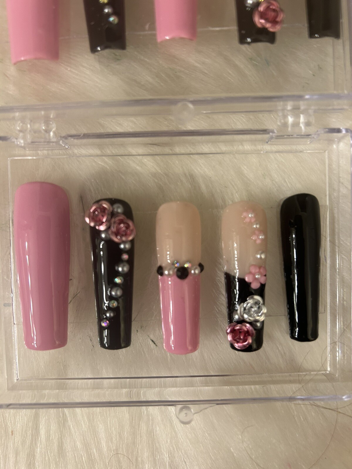 Z NAILZ! Gorgeous Handmade Pink/Nude/Black 2XL Coffin Shiny Bling Press On Nails