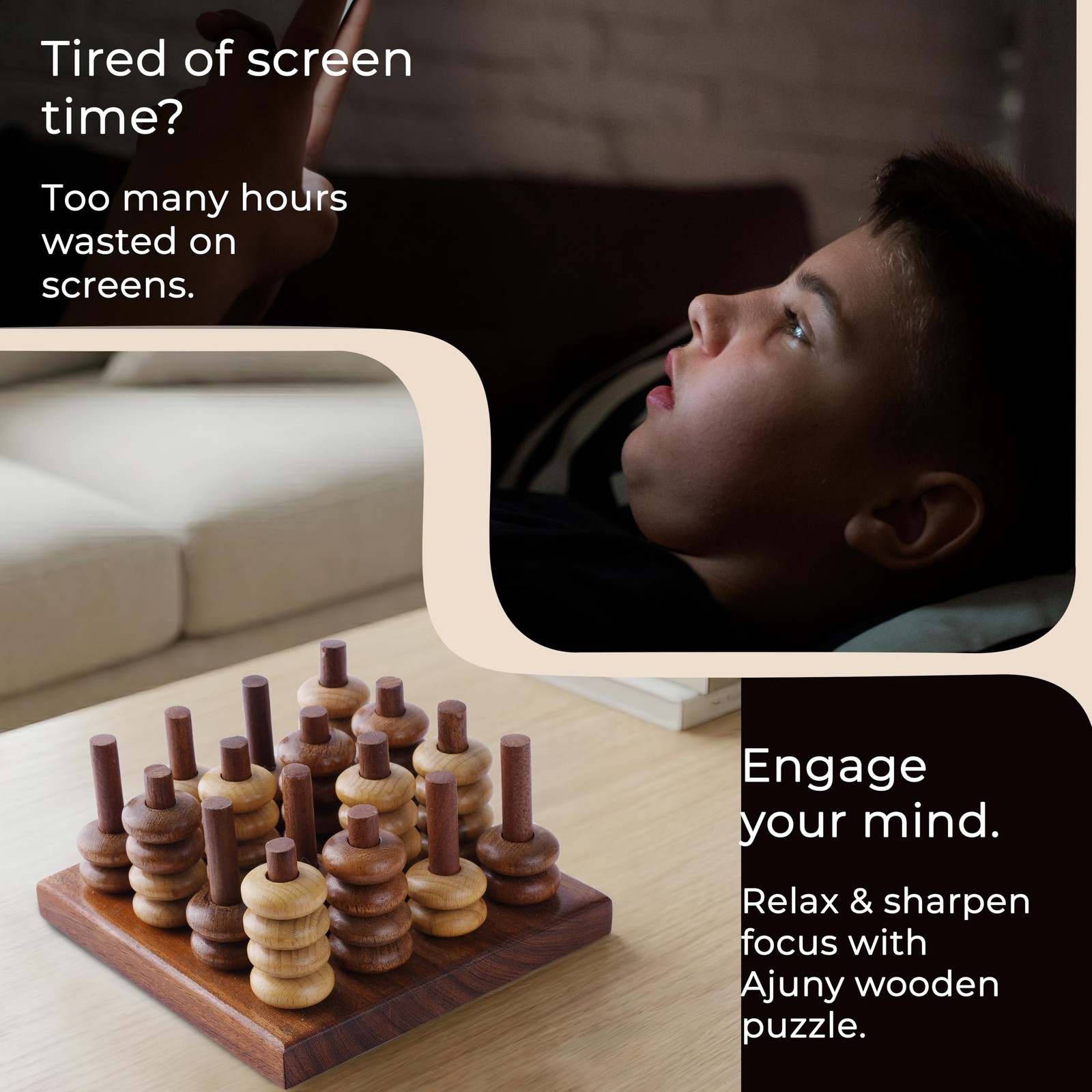 Ajuny 3D Connect Four in a Row Wooden Strategy Game 6 x 6 x 3.5 inch, Brown