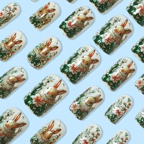 SINSEN Flower Press on Nails Short, Square Shape Spring Fake Nails, Embossed