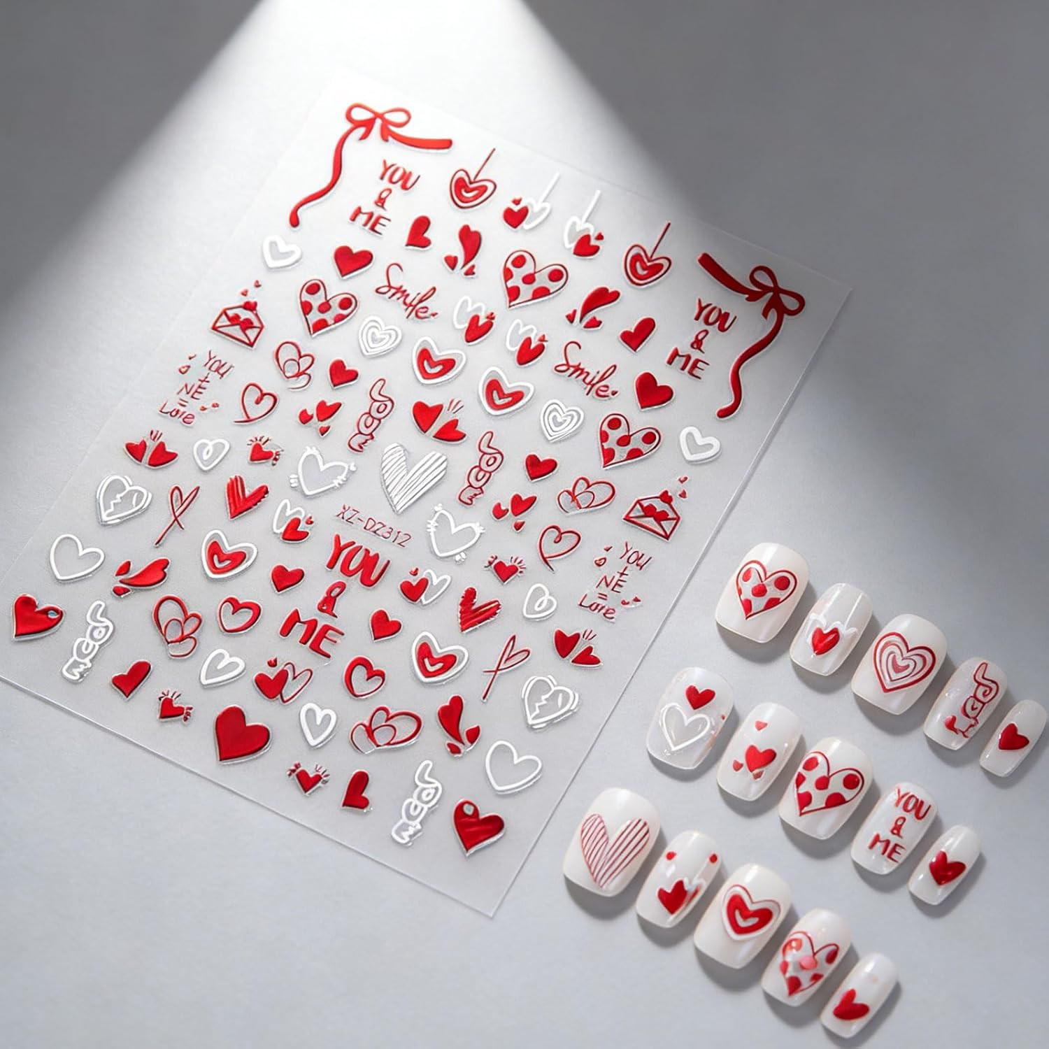 6 Sheets Valentine’S Day Nail Stickers, 3D Red & White Heart Nail Art Decals, Gl