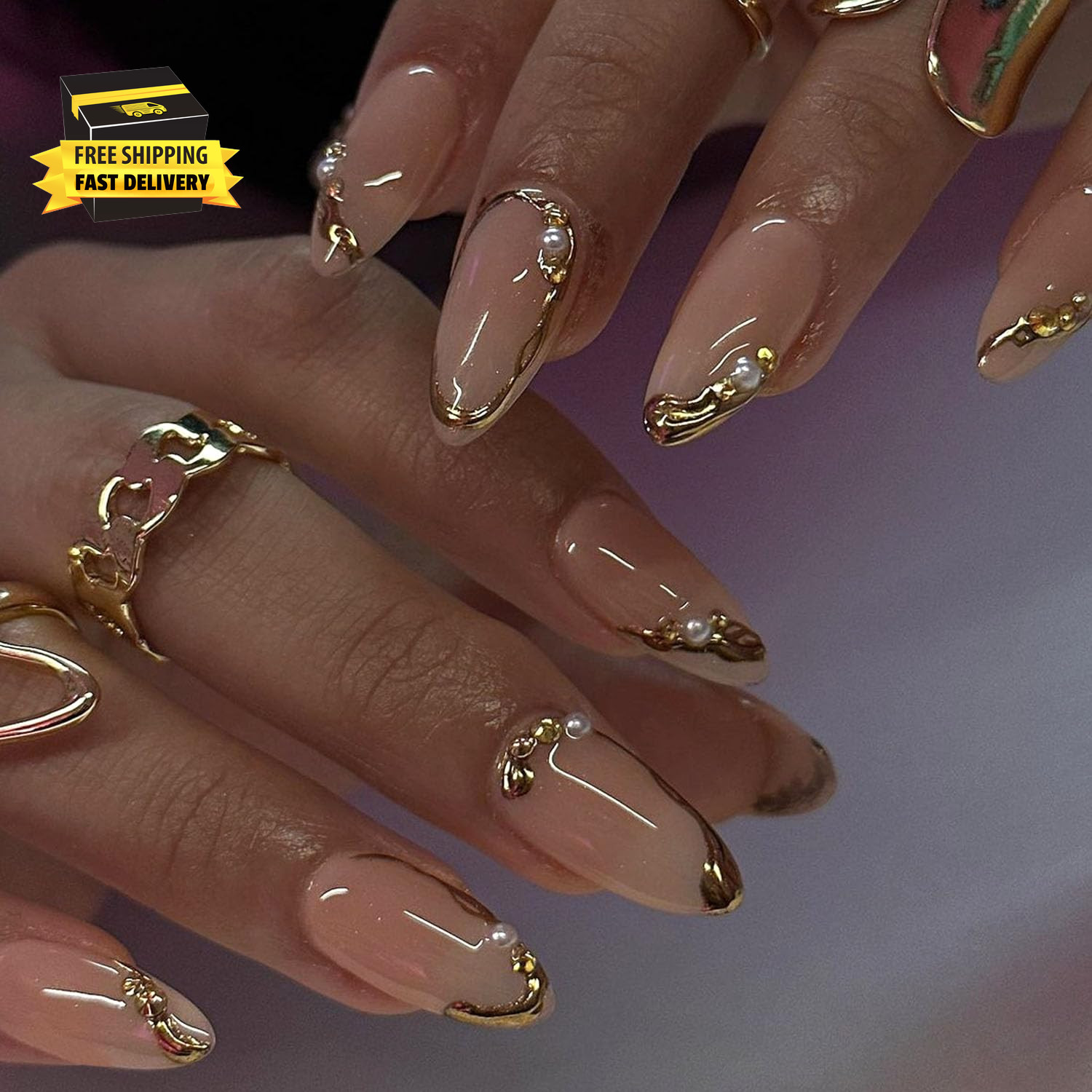 Almond Press on Nails Medium Glue on Nails Gold French Fake Nails 3D Gold Lines