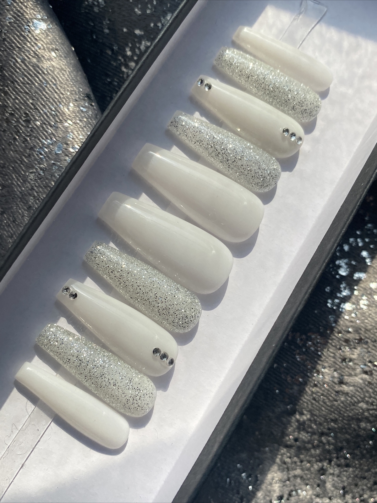 Luxury Gel Press On Nails, MILKY WHITE w/ BLING , Long Coffin, 10p W/ KIT