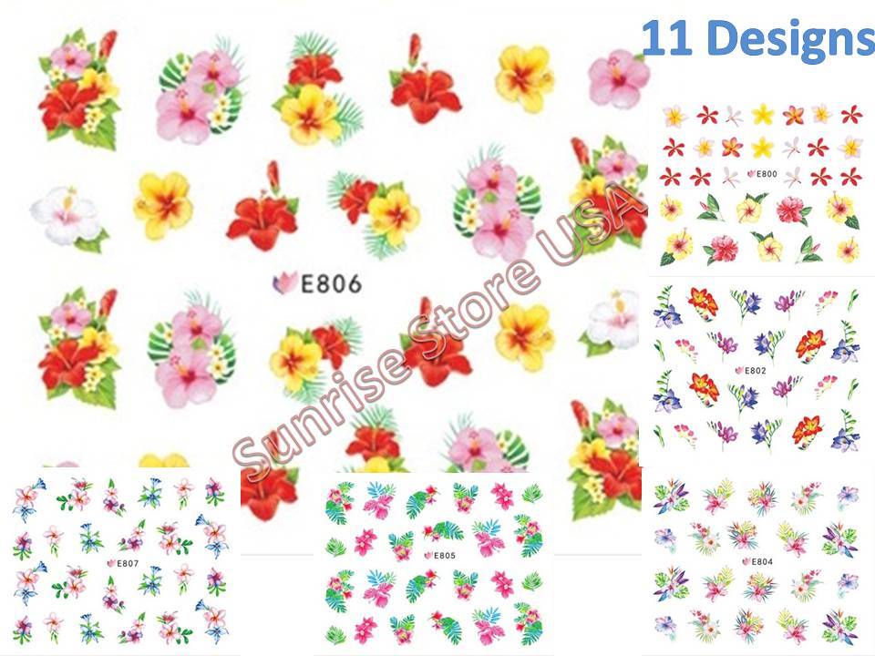 11 Designs 3D Nail Art Sticker Hawaii Flower Leaves Plumeria Decals Manicure DIY