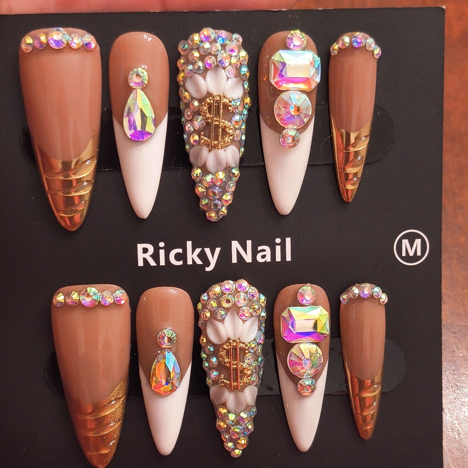 Ricky Nail Press-On Nails Long Stiletto Brown White Gold Rhinestone 3D Shiny