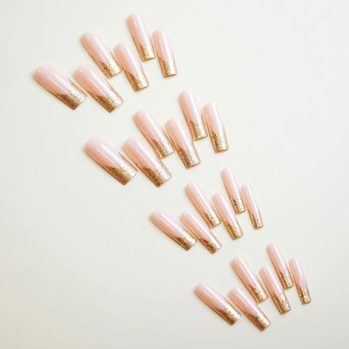 Square Press on Nails Long Fake Nails Gold Glitter French Tips 77-A14Golden