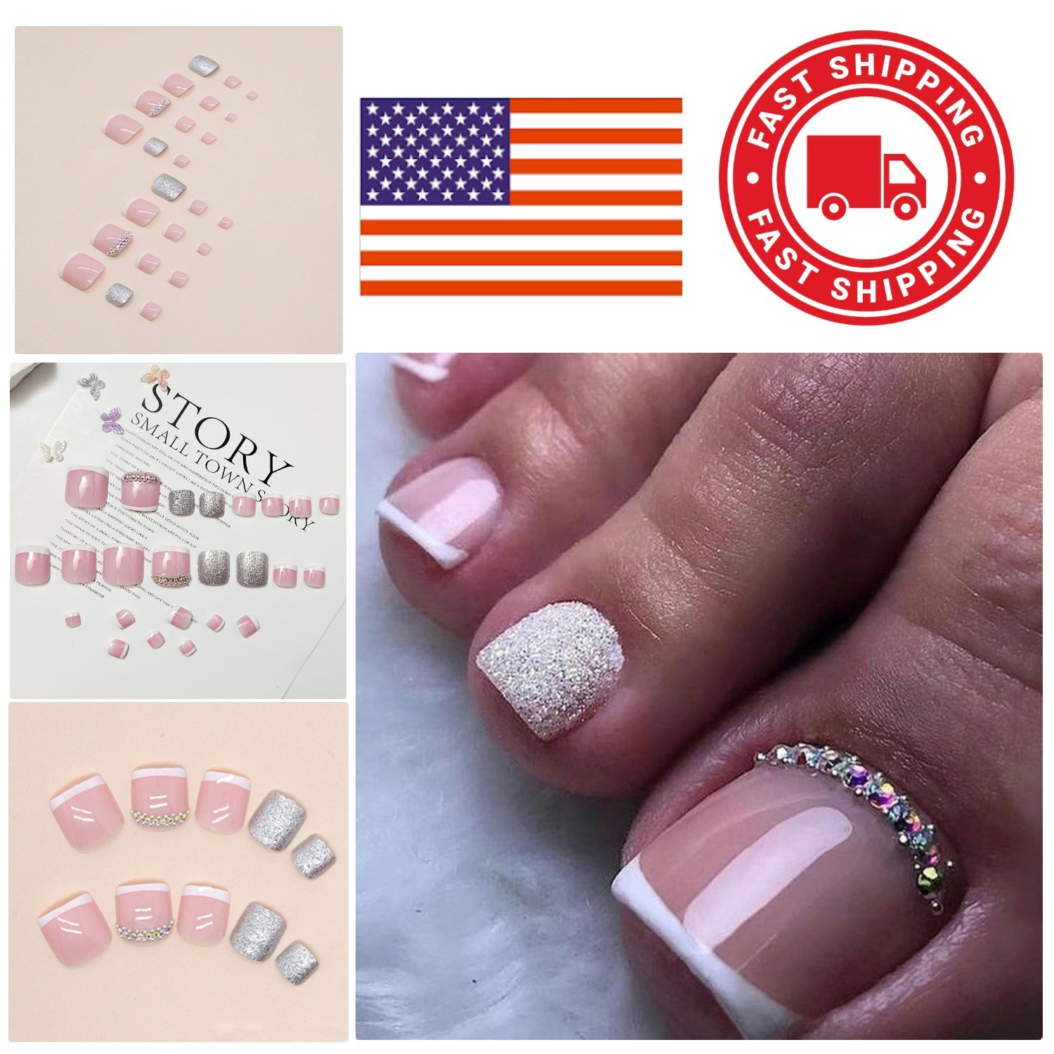 Full Cover Acrylic Press On Toenails Easy Application Glossy Finish for Women